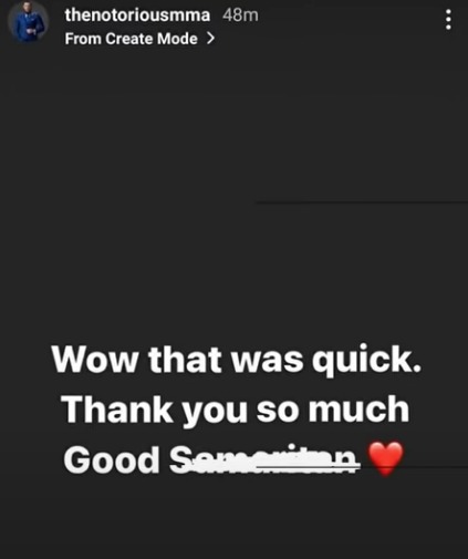 Conor McGregor thanks his fan on Instagram