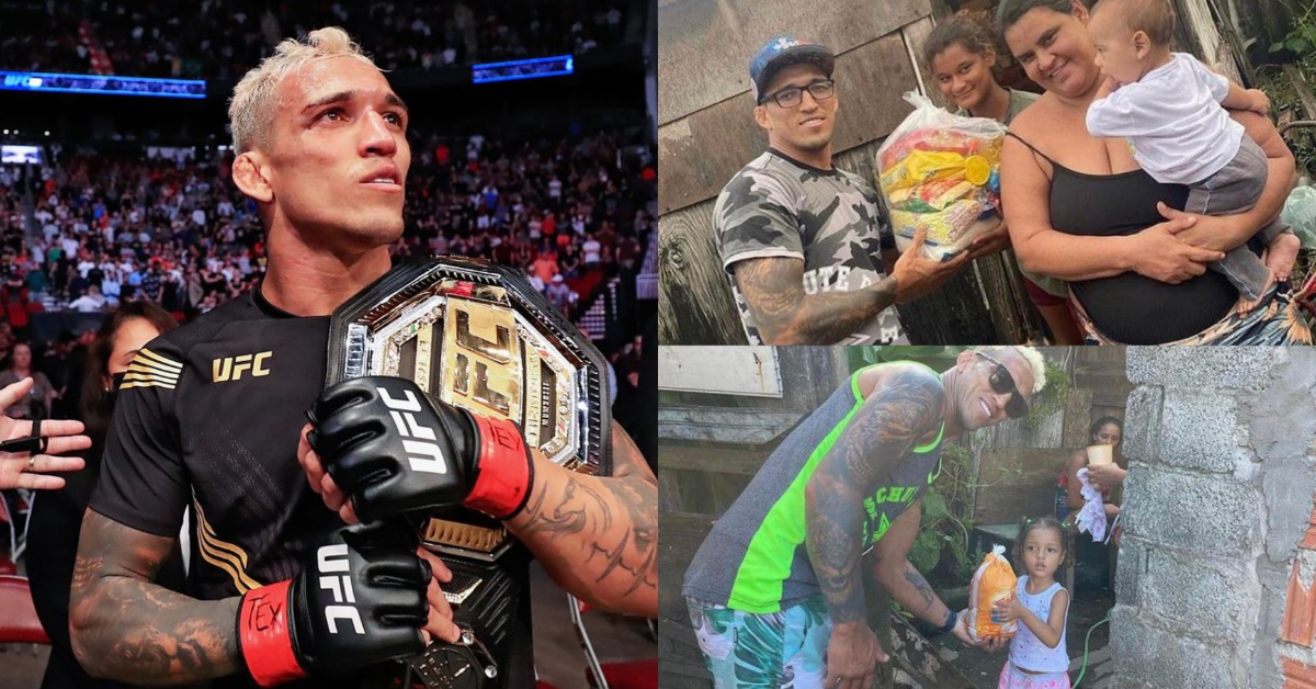 Charles Oliveira with his belt and doing charity work